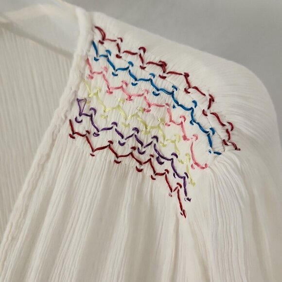 REBECCA TAYLOR | 100% Silk Blouse Tunic Floral Sequins Sheer Cream Red Navy Sz L - Picture 5 of 7